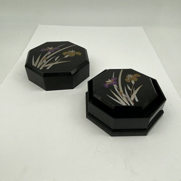 VTG Yamanaka Japan Jewelry Trinket 2pc Nesting Boxes Black Lacquerware Floral - Picture 10 of 12